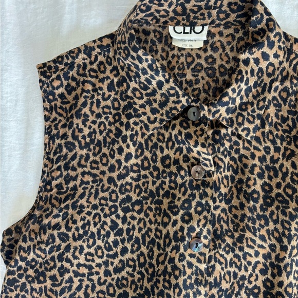 Vintage Clio Leopard Print Button Down Sleeveless Collard Shirt Vest Tank - Picture 2 of 7